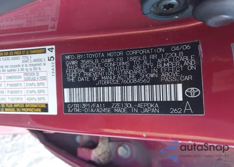 2006 Toyota Corolla Ce from USA, damaged, VIN JTDBR32E760084562